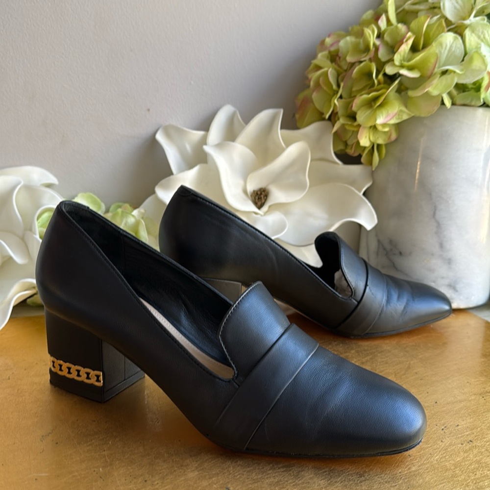 Tamara Melon Gold Chainlink Embellished Block Heels in Black Leather